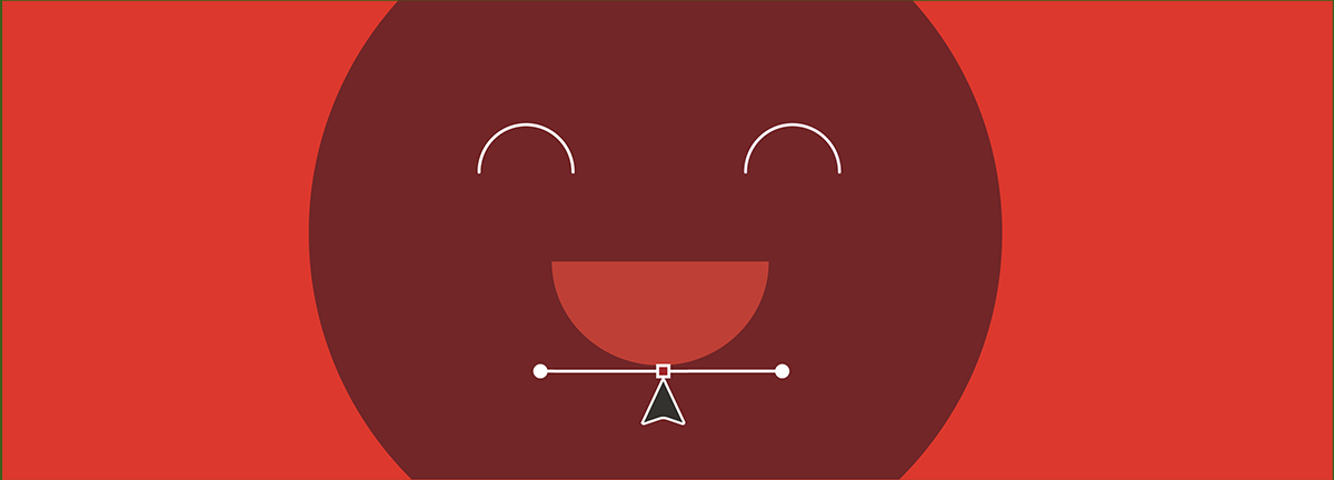 Minimalistisches glückliches Gesicht auf rotem Hintergrund, mit breitem Lächeln und Augen in Form von gebogenen Linien.