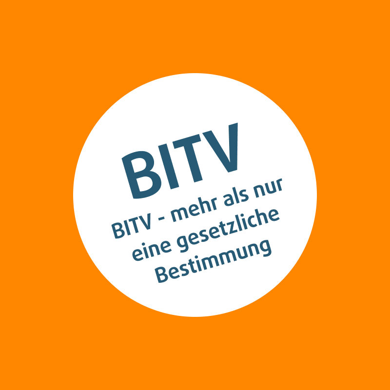 Weißer Kreis auf orangem Hintergrund mit deutschem Text BITV - mehr als nur eine gesetzliche Bestimmung.