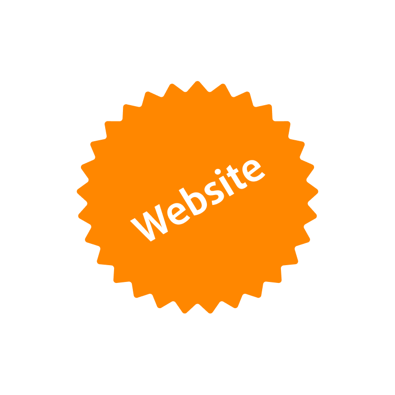 Eine orangefarbene Sternform mit dem Wort „Homepage“ in weißer Schrift in der Mitte. Der Hintergrund ist weiß.