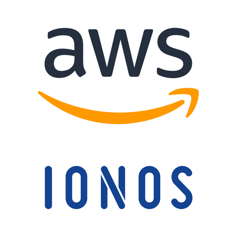 Logos von AWS mit einem orangefarbenen gebogenen Pfeil und IONOS in blauer Schrift auf weißem Hintergrund.