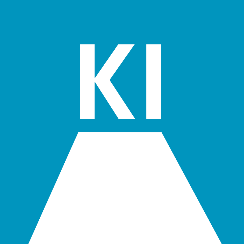 Weiße Buchstaben KI über einem weißen, nach oben zeigenden dreieckigen Pfad auf blauem Hintergrund.