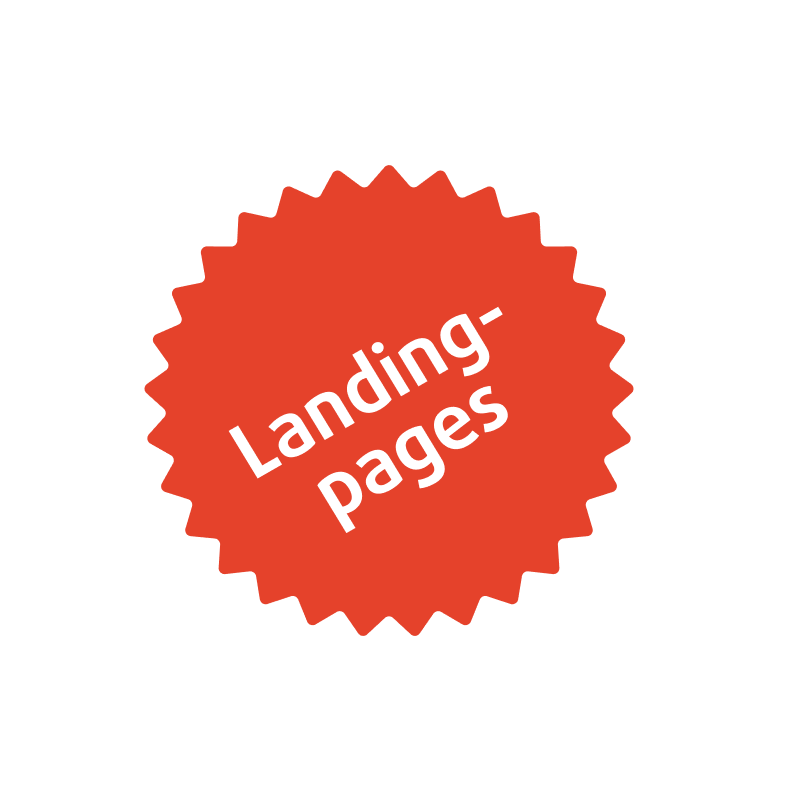 Ein roter Stern mit dem weißen Text „Landingpages“ in der Mitte.