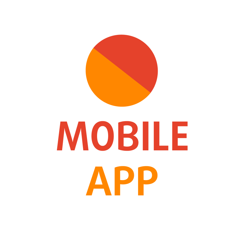 Ein Logo mit einem Kreis, der diagonal in eine orange und eine rote Hälfte geteilt ist, und darunter die Worte „MOBILE APP“ in fetten roten und orangefarbenen Großbuchstaben.