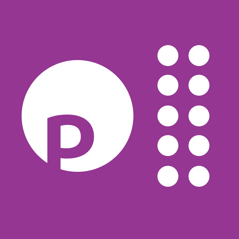 Violetter Buchstabe P in einem Kreis neben zwölf weißen Punkten auf violettem Hintergrund.