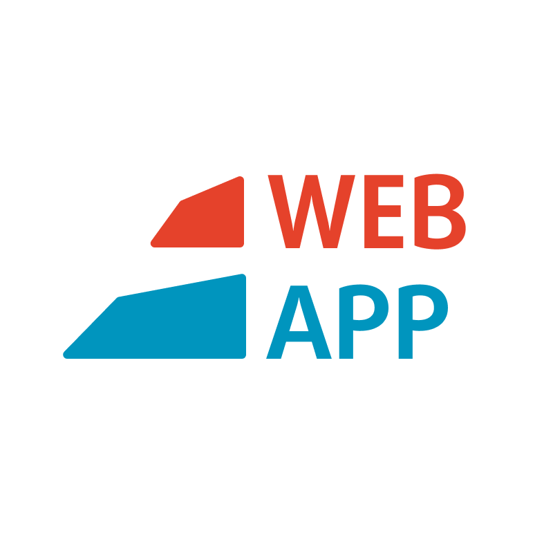 Stilisiertes Logo mit den Wörtern „WEB“ in Rot und „APP“ in Blau. Links neben dem Text sind auf weißem Hintergrund zwei sich überlappende geometrische Formen positioniert, ein rotes rechtwinkliges Dreieck und ein blaues Viereck.