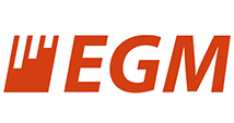 Rotes EGM-Logo mit stilisierten Buchstaben auf weißem Hintergrund.