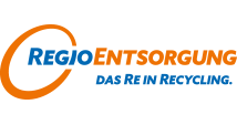 Logo der RegioEntsorgung mit dem Slogan Das Re in Recycling in blauer und oranger Schrift.