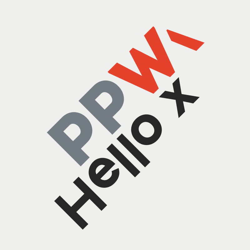 Text auf dem Bild: „PPW Hello X“ in Grau, Rot und Schwarz, diagonal angeordnet auf weißem Hintergrund.