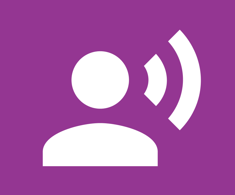 Weißes Personensymbol mit Schallwellen auf lila Hintergrund, das eine Sprach- oder Audiofunktion anzeigt.