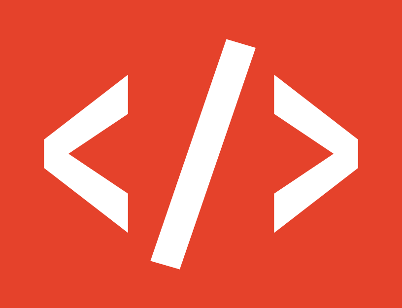 Weißes Code-Klammern-Symbol auf rotem Hintergrund, das Programmierung oder Codierung darstellt.