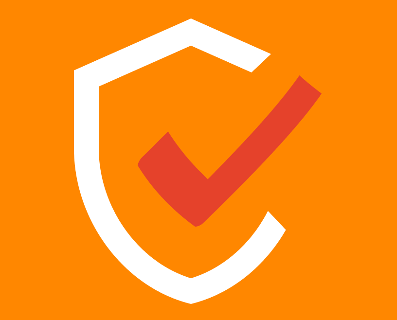 Ein roter Haken innerhalb eines weißen Schildes auf orangefarbenem Hintergrund.