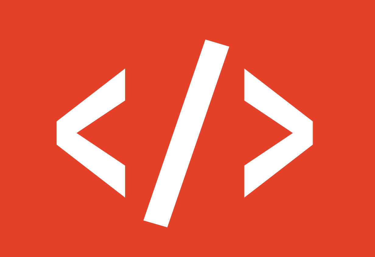 Weißes Code-Klammern-Symbol auf rotem Hintergrund, das Programmierung oder Codierung darstellt.