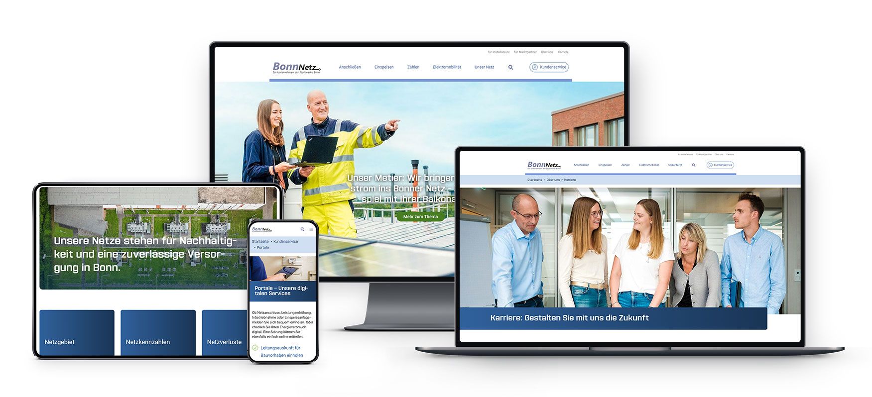 Geräte, die die Website der Stadtwerke Bonn mit verschiedenen Seiten und Personen in Arbeits- und Besprechungssituationen anzeigen.